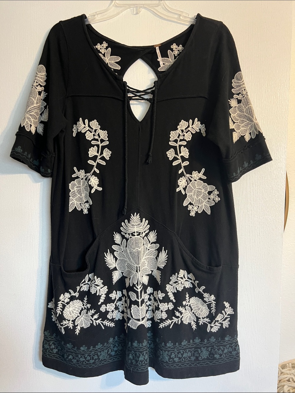 Free People Black Mini Dress with White Floral Embroidery